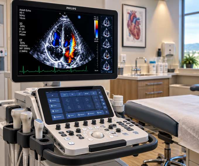 Echocardiogram machine showing a color Doppler heart ultrasound in our exam room